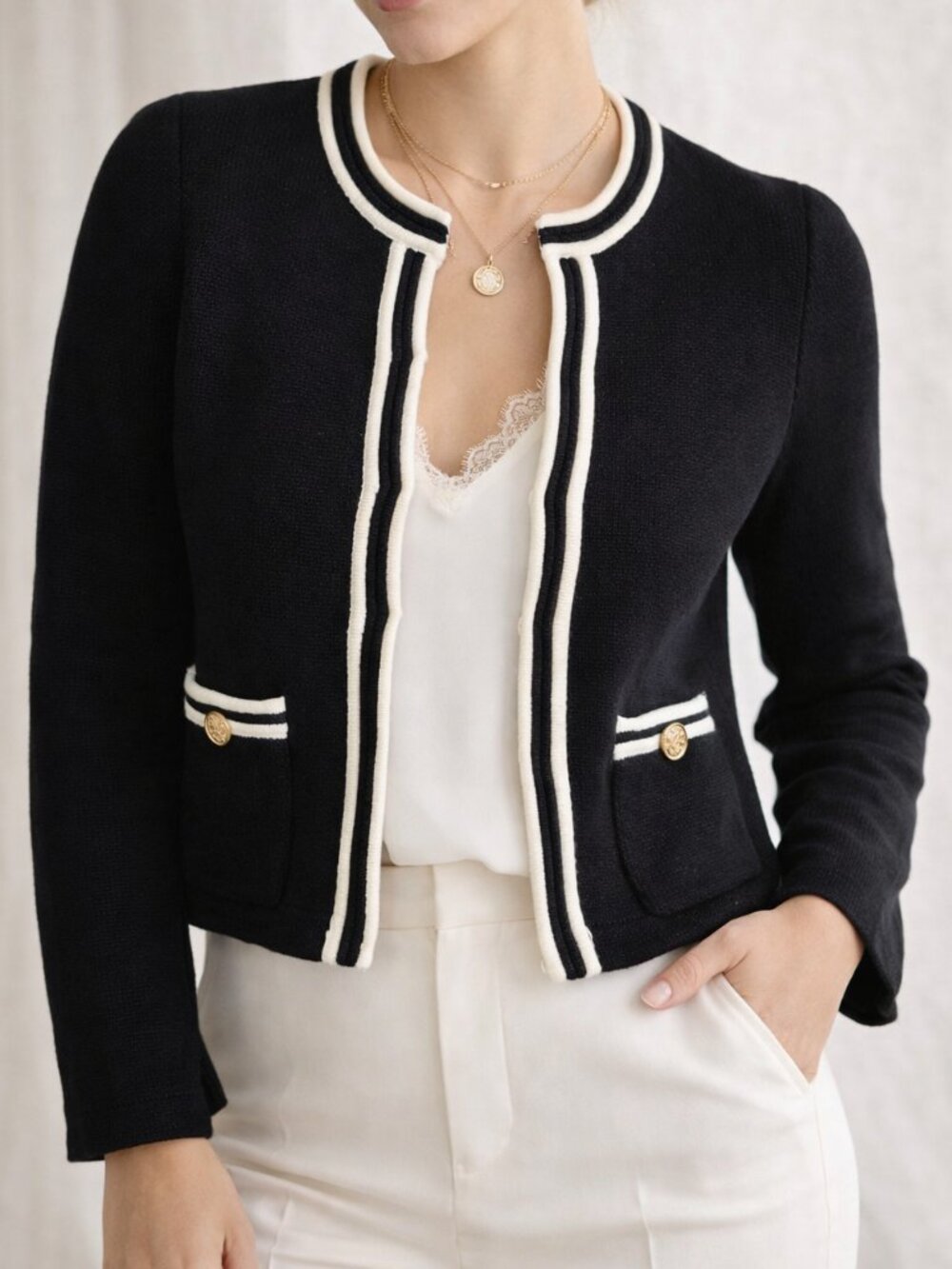 J. Crew Emilie Sweater Lady Jacket Black Cream Trim Gold Button Size L
